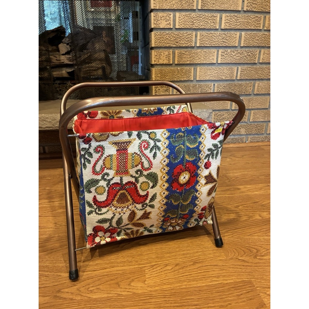 Vintage MCM Knitting Sewing Caddy Crochet Yarn Basket Folding Metal Frame Floral